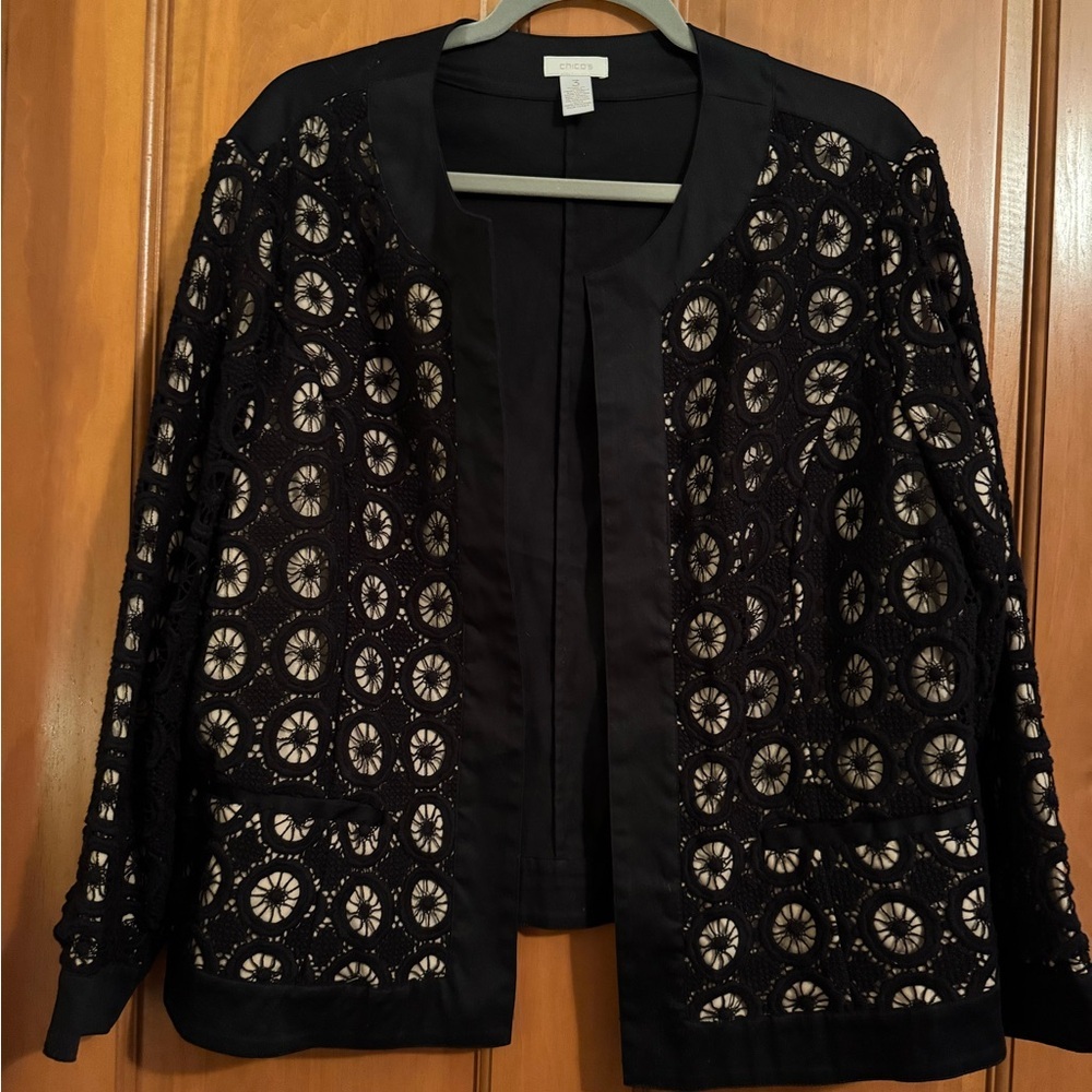 Chico's Black and Cream Embroidered Jacket